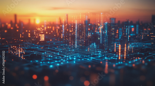 Smart digital Innovation city with connection network reciprocity over the cityscape. of future smart wireless digital city and social media networking systems that connects people with in city