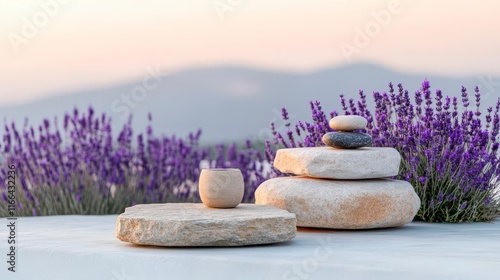 Serene stone stack, lavender blooms, peaceful sunset backdrop. Tranquility. photo