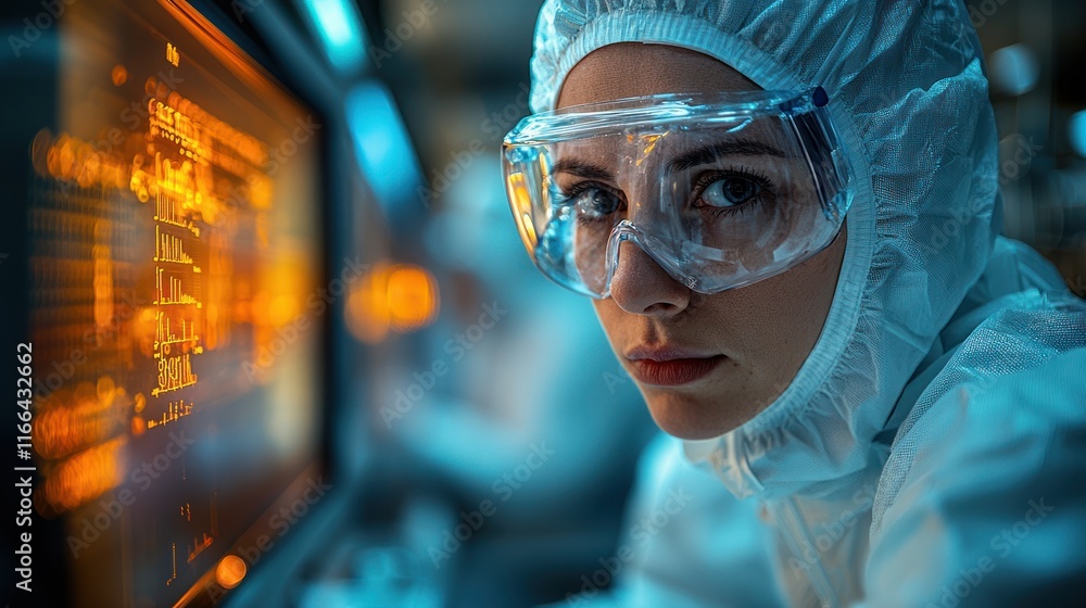 Scientist in protective gear working on technology. Scientist in protective gear working on technology.