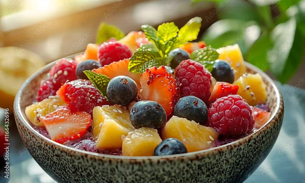 A vibrant bowl of mixed fresh fruits, garnished with mint, perfect for a healthy snack. A vibrant bowl of mixed fresh fruits, garnished with mint, perfect for a healthy snack.