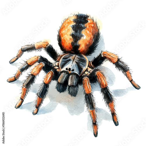 A watercolor vector painting of a tarantula, isolated on a white background. Tarantula vector.

