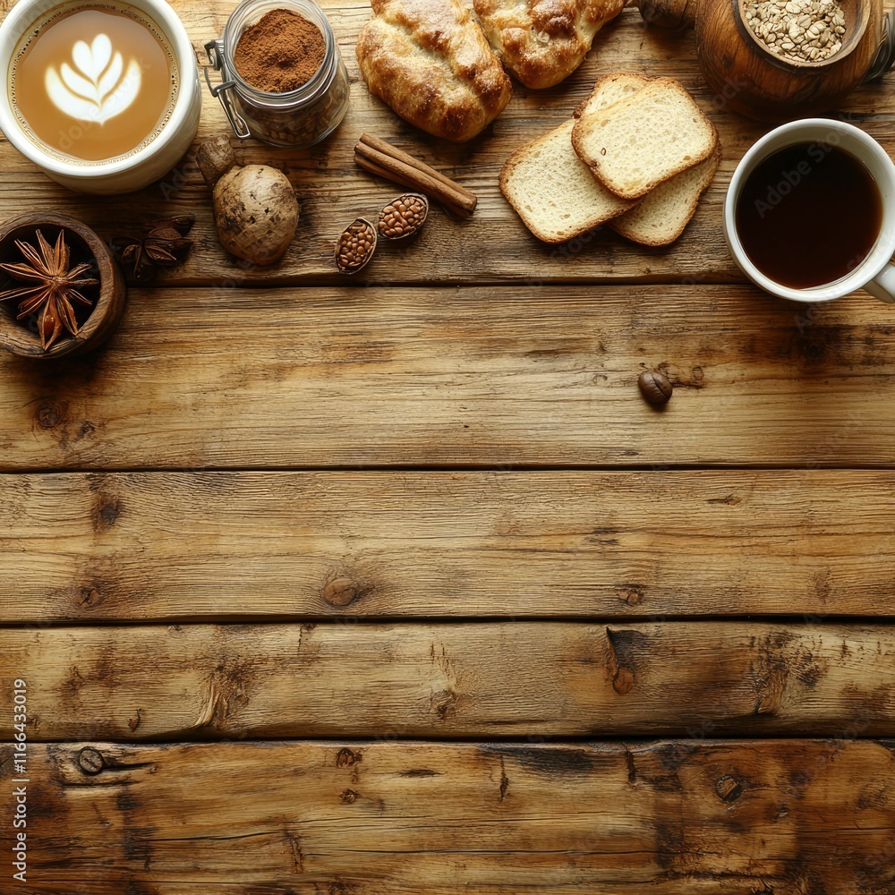 Rustic Wooden Tabletop with Coffee, Pastries, and Spices - Cozy Breakfast Scene Rustic Wooden Tabletop with Coffee, Pastries, and Spices - Cozy Breakfast Scene