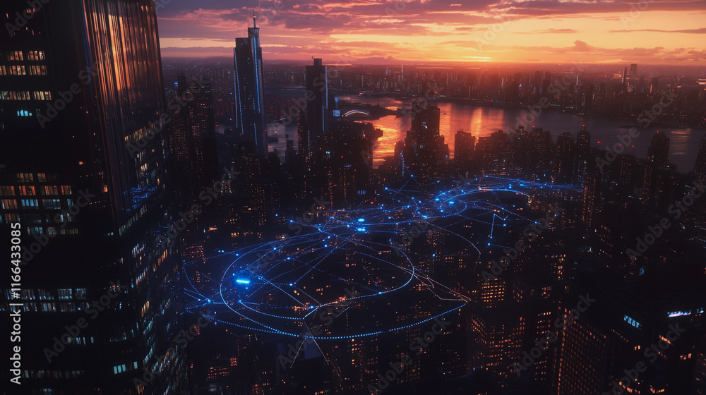 Fototapeta premium Smart digital Innovation city with connection network reciprocity over the cityscape. of future smart wireless digital city and social media networking systems that connects people with in city