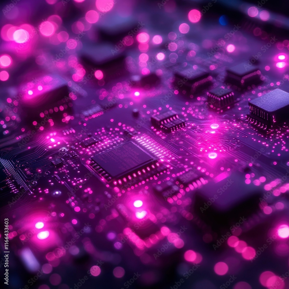 Fototapeta premium Close-up of Illuminated Circuit Board with Pink Glowing Components