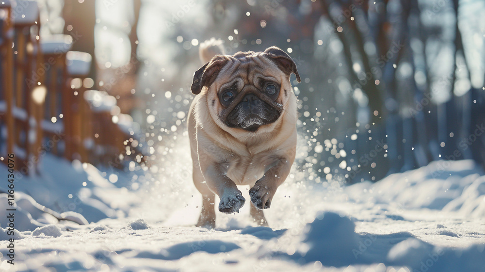 Playful Pug Running in Winter Wonderland Playful Pug Running in Winter Wonderland
