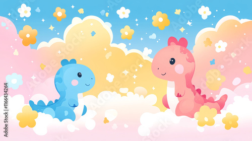 adorable pastel cartoon dinosaurs with cloud and flower background in kawaii art style
