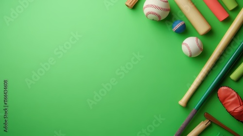 Baseball bats, balls, and glove on green. Perfect for sports, game, or leisure themes. photo