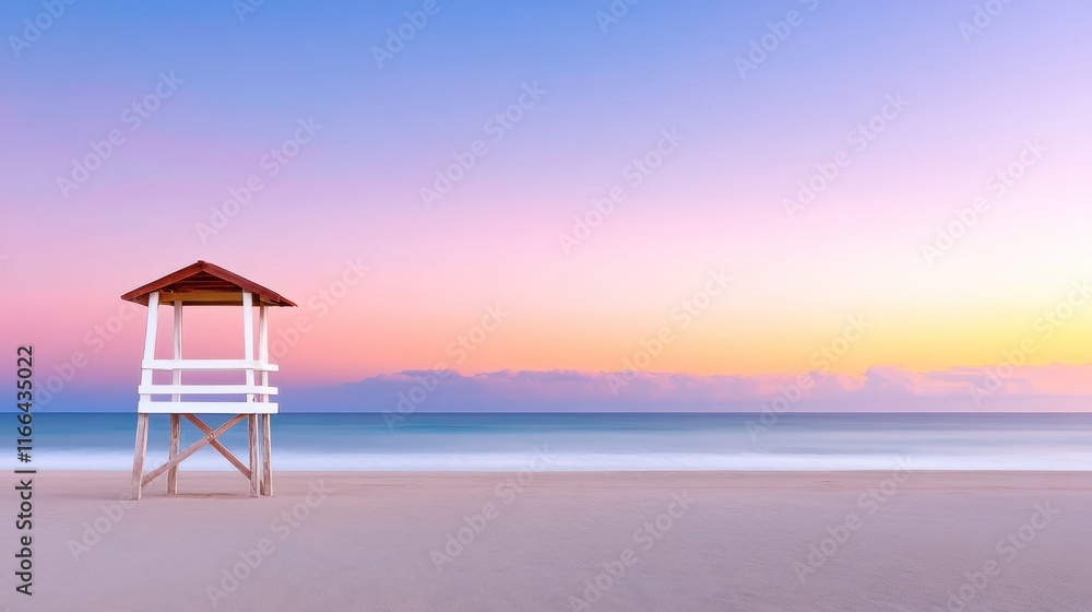 Serene beach scene with a lifeguard tower at sunset. Serene beach scene with a lifeguard tower at sunset.