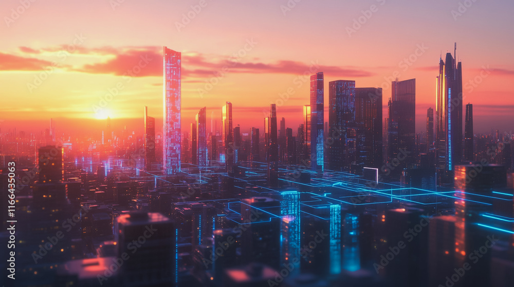 Smart Innovation city with connection cyber security network reciprocity over the sunset cityscape future wireless digital city and social media networking systems that connects people  in the city