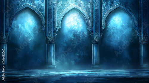 Ethereal blue architectural backdrop with arches.