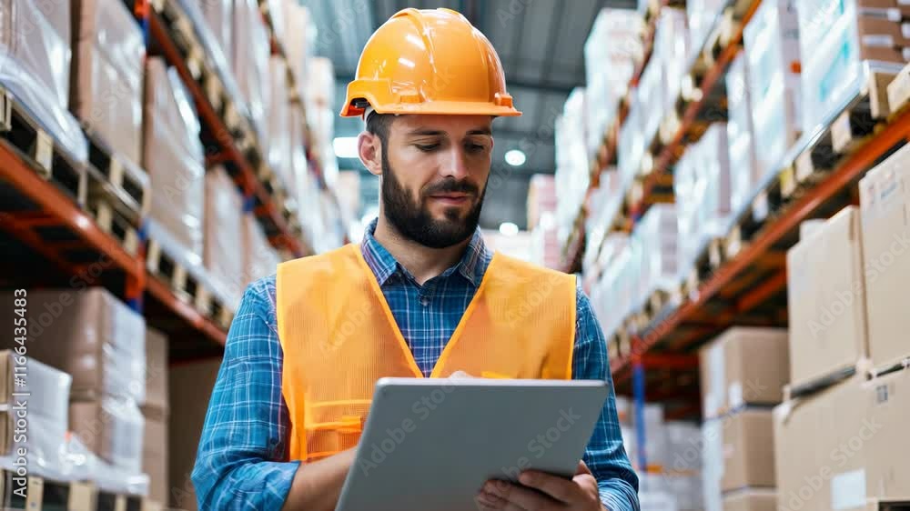 Warehouse Worker in Safety Vest and Helmet Uses Tablet to Organize Inventory on Shelves Filled with Boxes for Efficient Logistics Management Warehouse Worker in Safety Vest and Helmet Uses Tablet to Organize Inventory on Shelves Filled with Boxes for Efficient Logistics Management