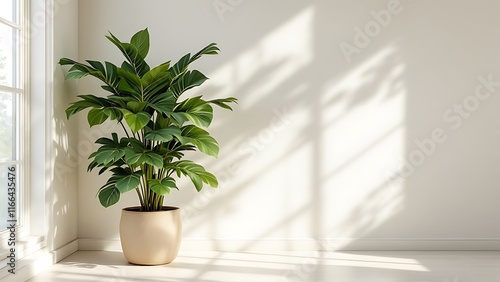 A 3D rendering of a stylish sunlit office with a blank white backlit wall and a green plant on a concrete floor, providing a perfect place for advertising poster placement photo