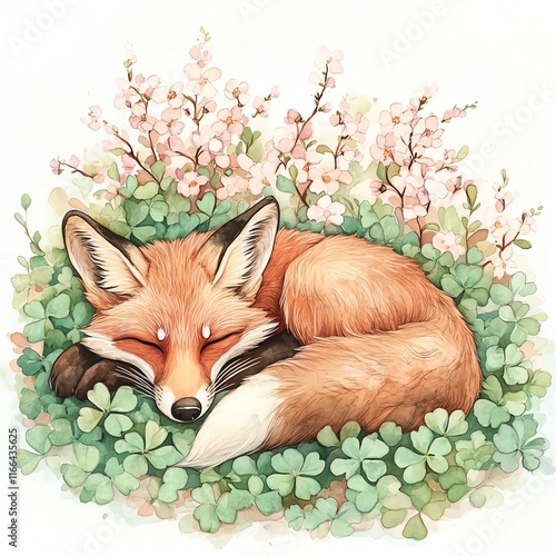 A serene fox resting among blooming flowers and green clovers in a peaceful setting. photo