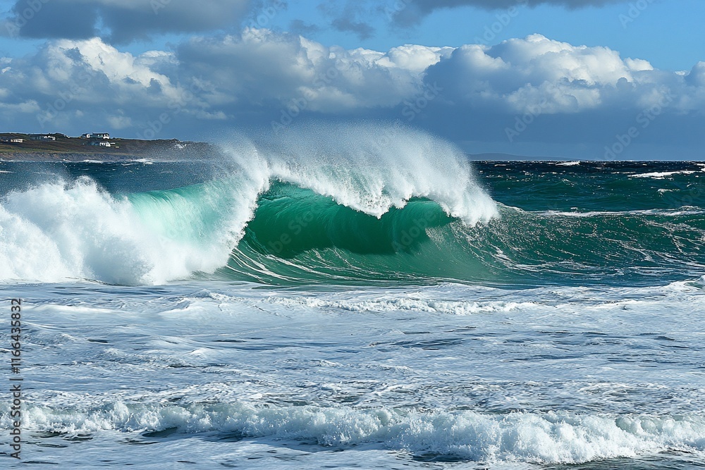 Dramatic ocean wave crashing near coast, cloudy sky, ideal for nature themes Dramatic ocean wave crashing near coast, cloudy sky, ideal for nature themes