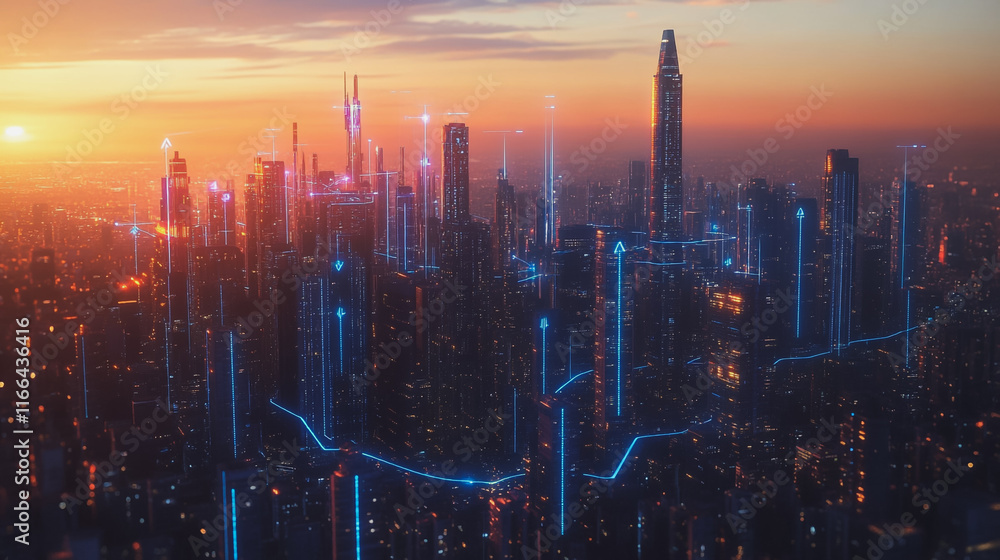 Smart Innovation city with connection cyber security network reciprocity over the sunset cityscape future wireless digital city and social media networking systems that connects people in the city Smart Innovation city with connection cyber security network reciprocity over the sunset cityscape future wireless digital city and social media networking systems that connects people in the city