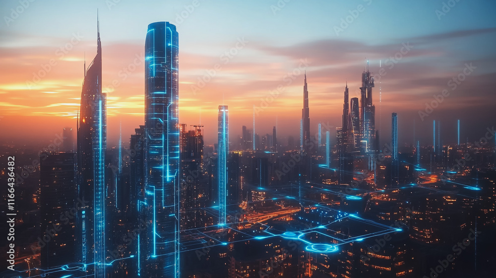 Fototapeta premium Smart Innovation city with connection cyber security network reciprocity over the sunset cityscape future wireless digital city and social media networking systems that connects people in the city