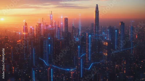 Wallpaper Mural Smart Innovation city with connection cyber security network reciprocity over the sunset cityscape future wireless digital city and social media networking systems that connects people  in the city Torontodigital.ca