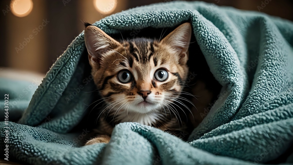 Obraz premium Adorable tabby kitten peeking from under a soft teal blanket, cozy and warm. Perfect for pet, comfort, and home themes.