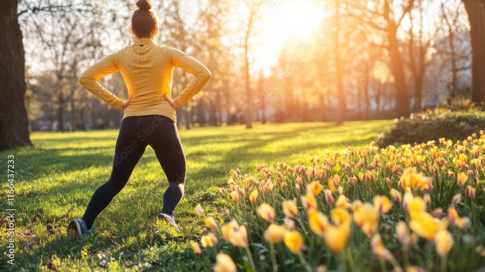 Vibrant Stretching in a Blooming Park at Sunrise Vibrant Stretching in a Blooming Park at Sunrise
