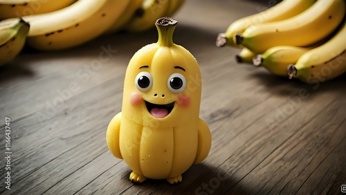 Delightful cartoon banana character, happy expression, standing on wooden surface, surrounded by bunches of real bananas.  Perfect for children's products, food brands, and fun, healthy content. photo