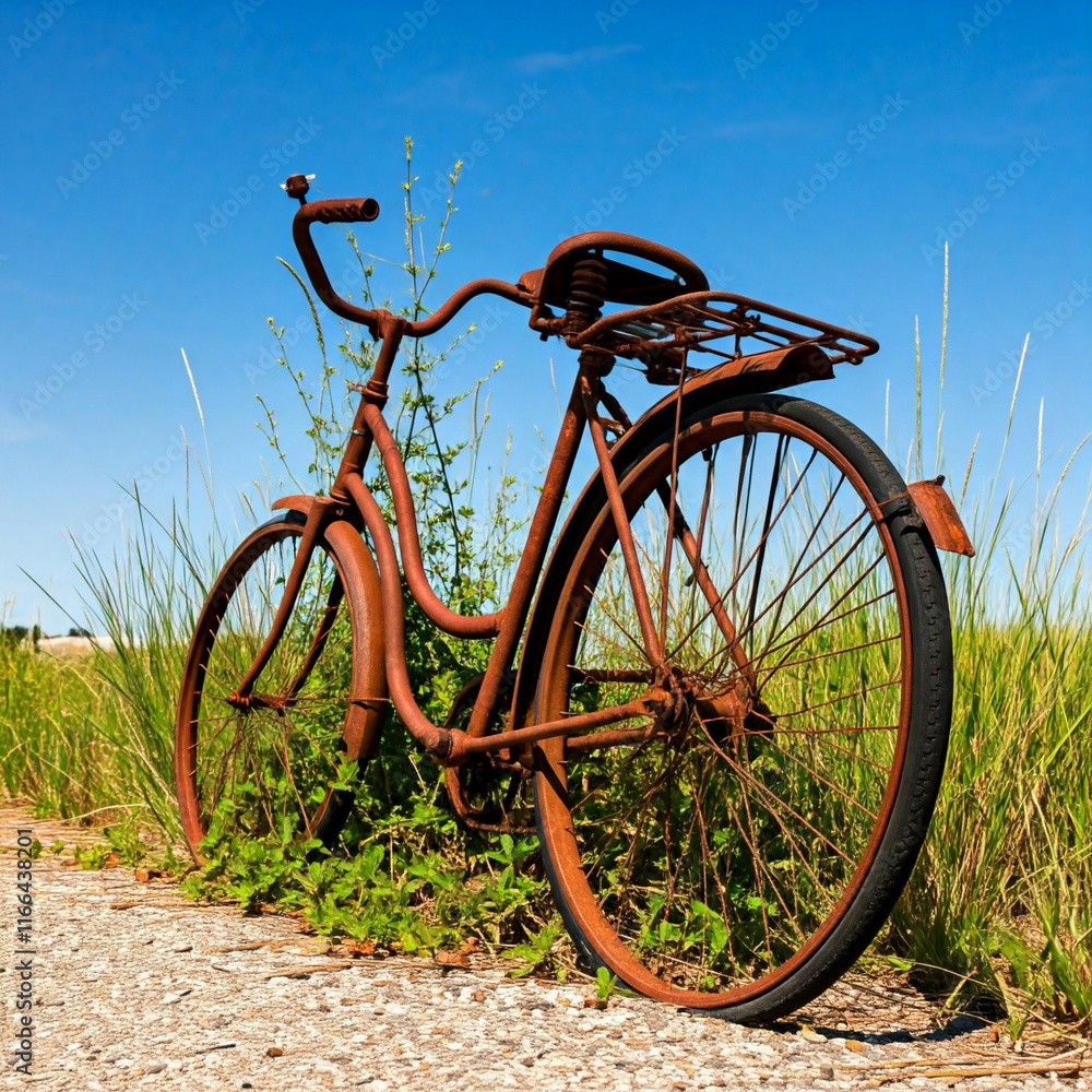 Naklejka premium rusty old bicycle in a field of green grass under a blue sky