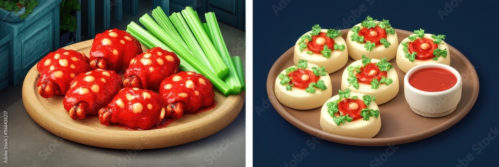 A platter featuring stuffed red snacks and small round dishes with toppings and sauce. A platter featuring stuffed red snacks and small round dishes with toppings and sauce.