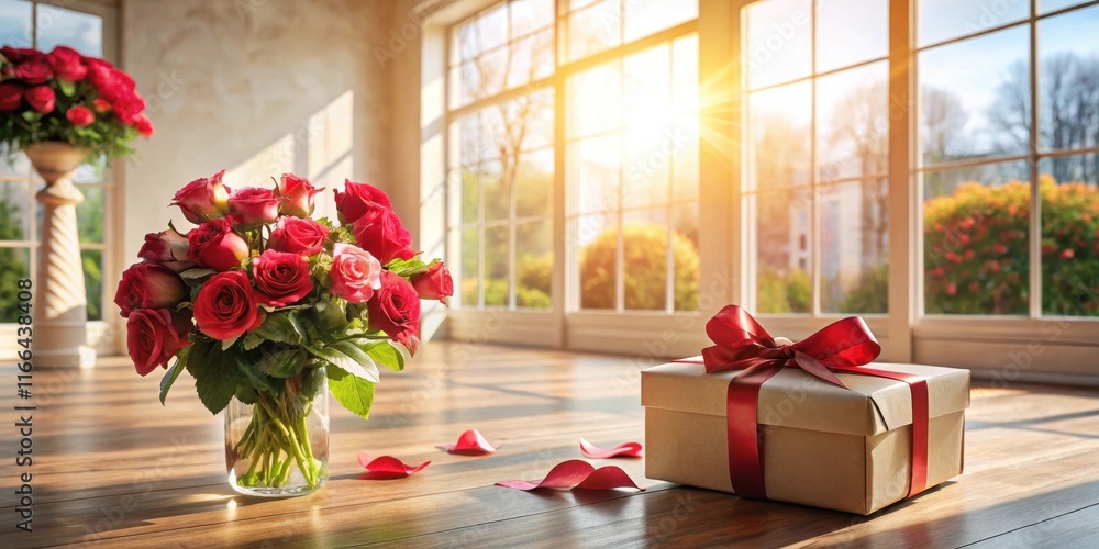 Fototapeta premium Romantic gift presentation with red roses and a wrapped present in a sunlit room