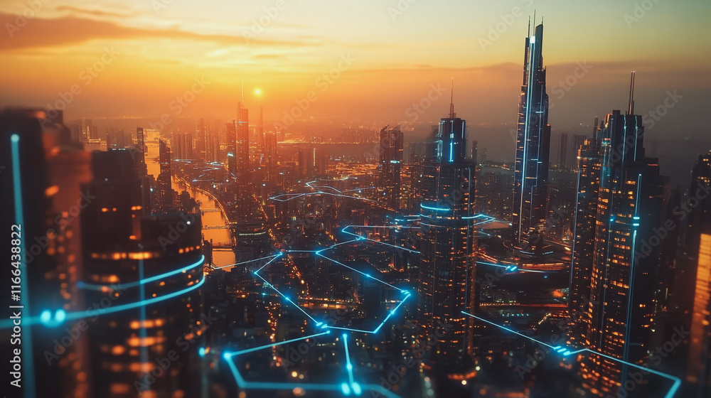 Fototapeta premium Smart Innovation city with connection cyber security network reciprocity over the sunset cityscape future wireless digital city and social media networking systems that connects people in the city