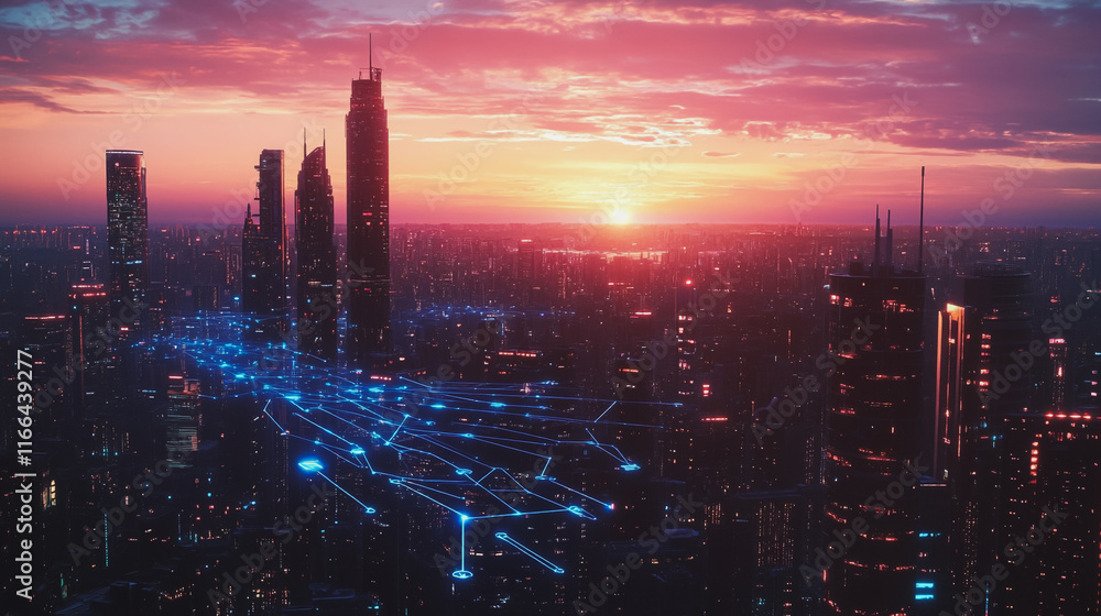 Smart Innovation city with connection cyber security network reciprocity over the sunset cityscape future wireless digital city and social media networking systems that connects people in the city Smart Innovation city with connection cyber security network reciprocity over the sunset cityscape future wireless digital city and social media networking systems that connects people in the city