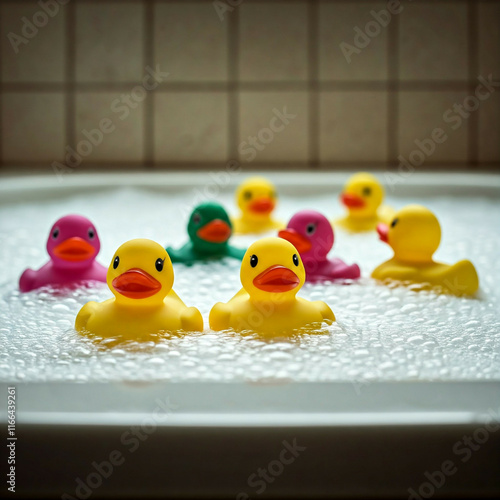 yellow pink and green rubber duckies in a bathtub with bubbles photo