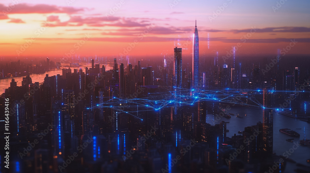 Smart Innovation city with connection cyber security network reciprocity over the sunset cityscape future wireless digital city and social media networking systems that connects people in the city Smart Innovation city with connection cyber security network reciprocity over the sunset cityscape future wireless digital city and social media networking systems that connects people in the city
