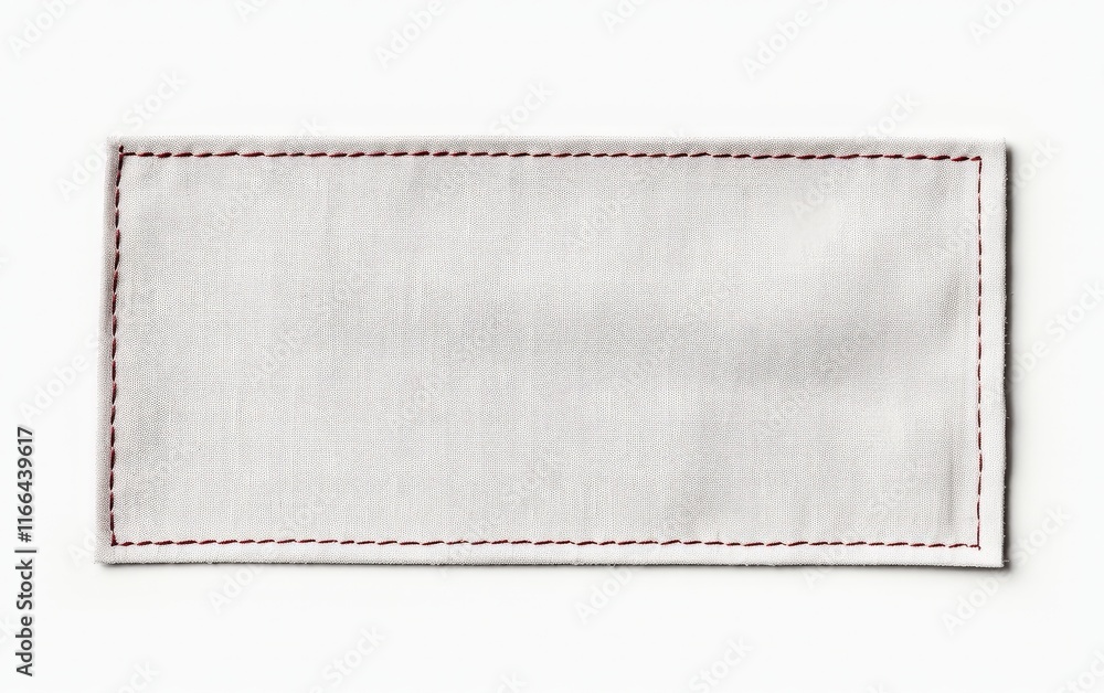 Blank clothing label with red stitching on a white fabric background for product identification and customization purposes Blank clothing label with red stitching on a white fabric background for product identification and customization purposes