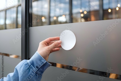 A person hand is attaching a white blank circle sticker mockup on a frosted glass wall
