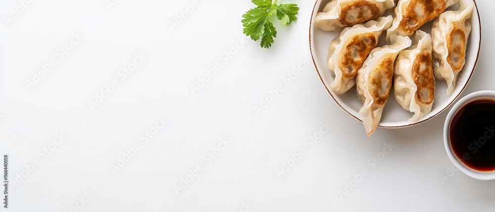A bowl of delicious dumplings served with soy sauce and garnished with fresh cilantro on a clean, white background. A bowl of delicious dumplings served with soy sauce and garnished with fresh cilantro on a clean, white background.