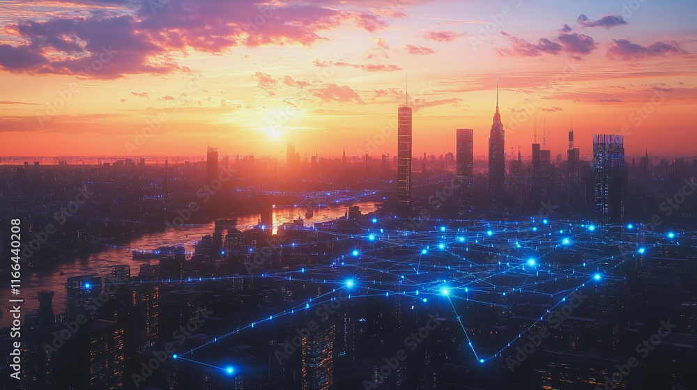 Fototapeta premium Smart Innovation city with connection cyber security network reciprocity over the sunset cityscape future wireless digital city and social media networking systems that connects people in the city