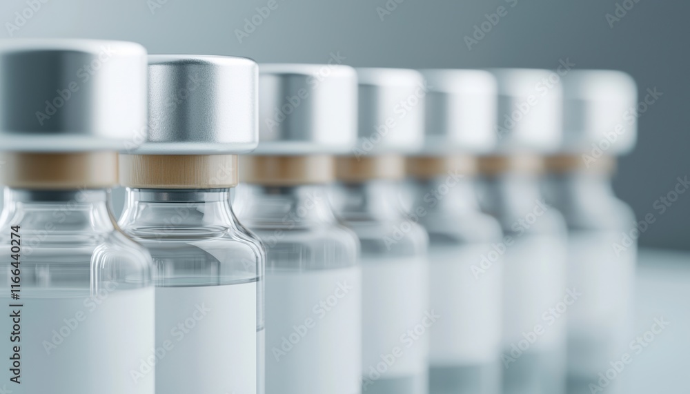 A close-up view of multiple glass vials, typically used for storing vaccines or medications, lined up for display. A close-up view of multiple glass vials, typically used for storing vaccines or medications, lined up for display.