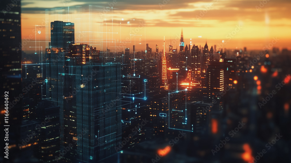 Fototapeta premium Smart Innovation city with connection cyber security network reciprocity over the sunset cityscape future wireless digital city and social media networking systems that connects people in the city