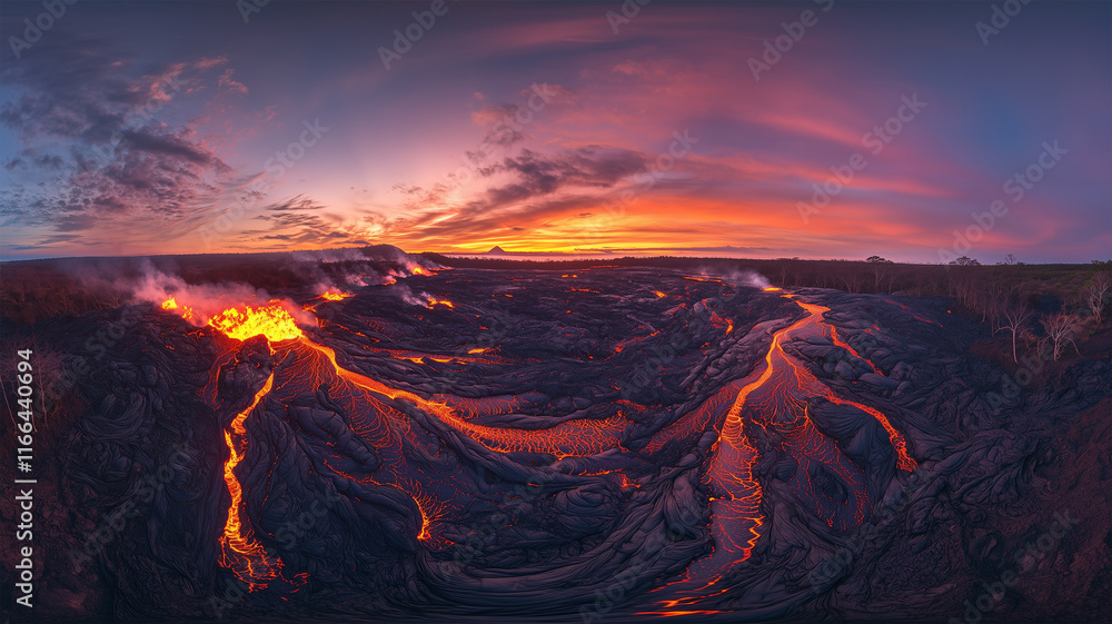 Naklejka premium 火山の火口と流れる溶岩が描く壮大な夜明け