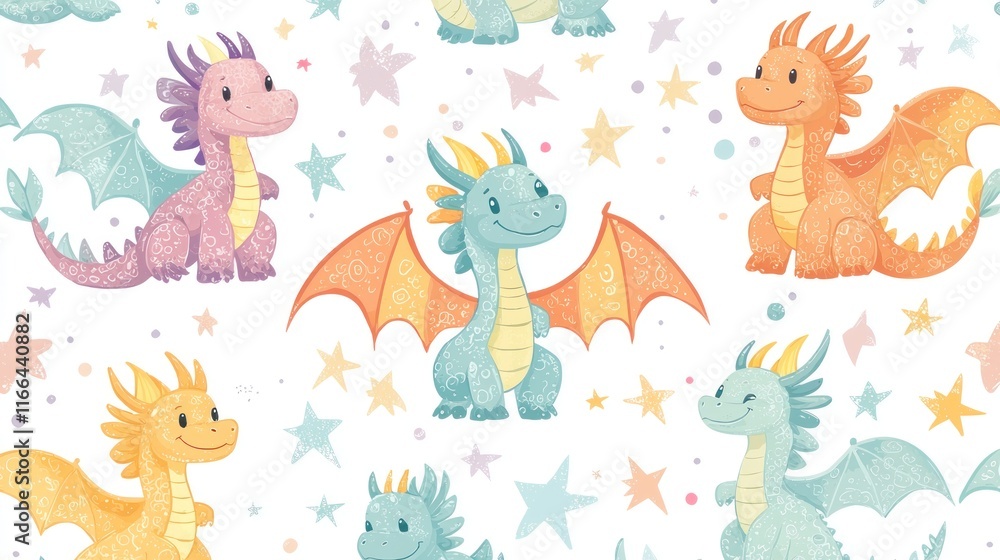 Naklejka premium Adorable Baby Dragons Pattern: A whimsical illustration featuring cute baby dragons with pastel wings and stars, perfect for children's apparel, textiles, or home decor.