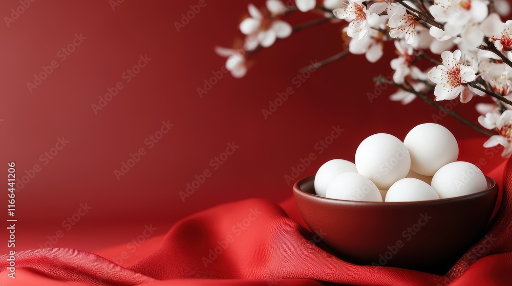 A serene arrangement of white eggs in a dark bowl, surrounded by delicate blossoms, set against a rich red background. A serene arrangement of white eggs in a dark bowl, surrounded by delicate blossoms, set against a rich red background.