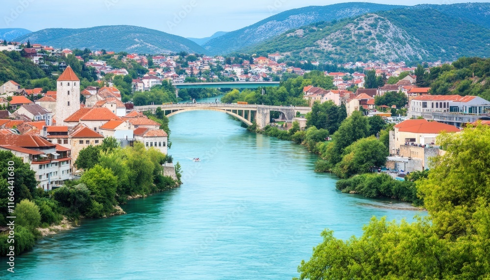Fototapeta premium Historic Cityscape with River and Bridge Overlook in Mountainous Landscape