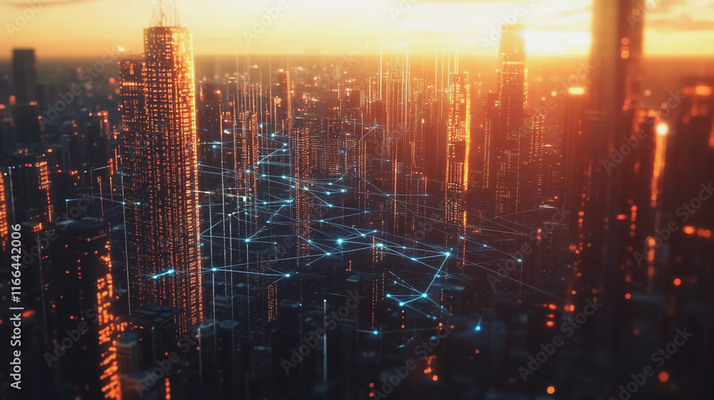 Fototapeta premium Smart Innovation city with connection cyber security network reciprocity over the sunset cityscape future wireless digital city and social media networking systems that connects people in the city