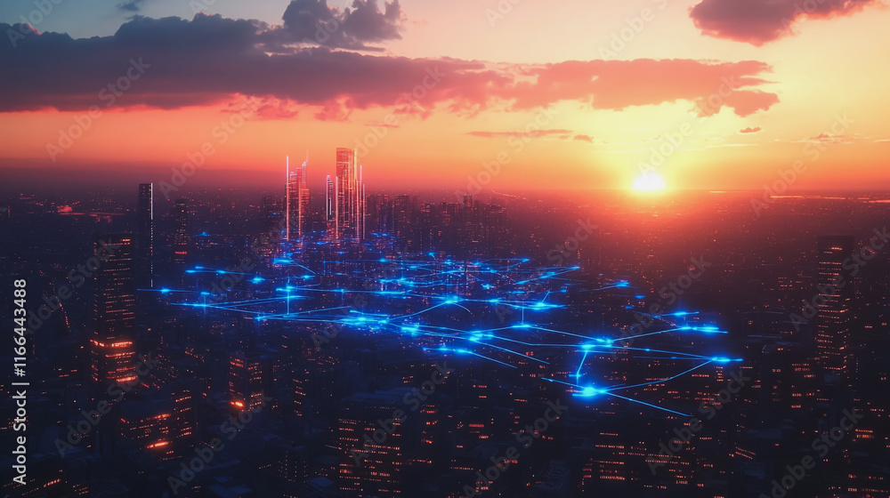 Smart Innovation city with connection cyber security network reciprocity over the sunset cityscape future wireless digital city and social media networking systems that connects people in the city Smart Innovation city with connection cyber security network reciprocity over the sunset cityscape future wireless digital city and social media networking systems that connects people in the city