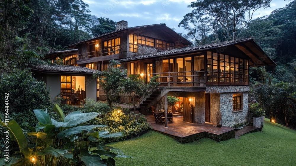 Obraz premium A cozy, modern mountain house surrounded by lush greenery at dusk.