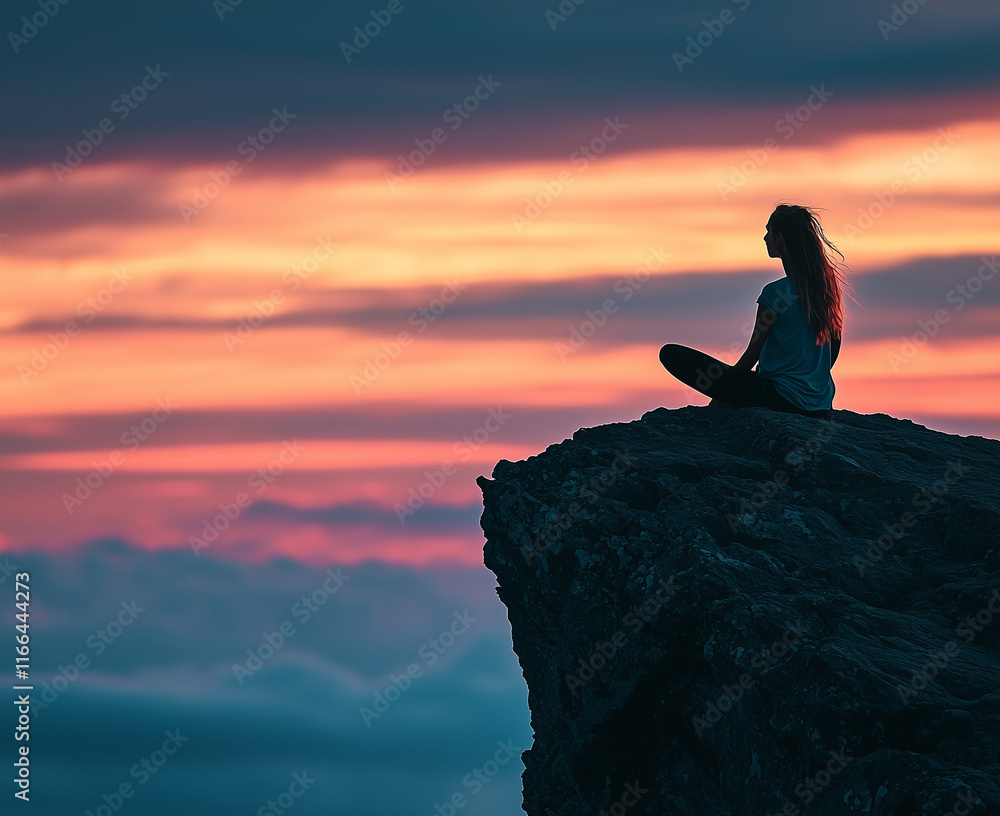 Silhouette of a woman sitting on a large rock at the edge of a cliff during sunset, gazing into the horizon with a tranquil and contemplative expression. Silhouette of a woman sitting on a large rock at the edge of a cliff during sunset, gazing into the horizon with a tranquil and contemplative expression.