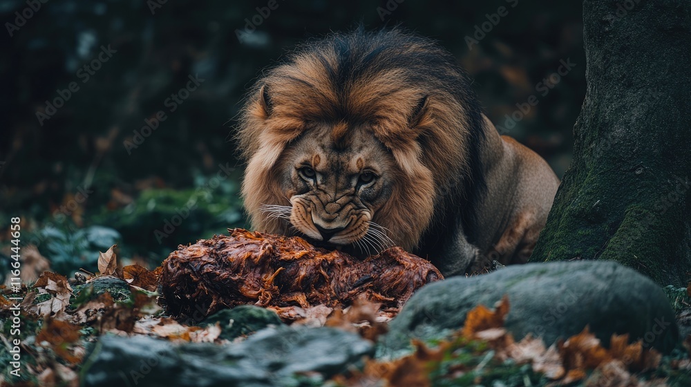 Fototapeta premium A lion gnawing on a large piece of meat amidst a natural setting.