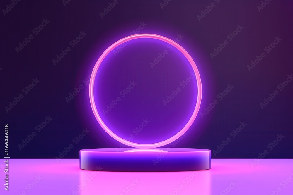 Illuminated Circular Display Podium with Purple Neon Lights for Product Presentation and Showcase in Modern, Stylish Setting Illuminated Circular Display Podium with Purple Neon Lights for Product Presentation and Showcase in Modern, Stylish Setting