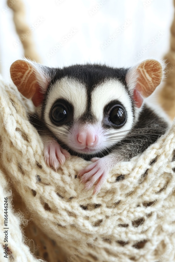 A cute sugar glider peeking out from a cozy knitted hammock. A cute sugar glider peeking out from a cozy knitted hammock.