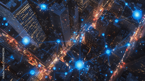 Smart Innovation city with connection cyber security network reciprocity over the sunset cityscape future wireless digital city and social media networking systems that connects people  in the city