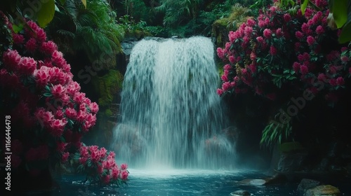 A serene waterfall surrounded by vibrant pink flowers and lush greenery.